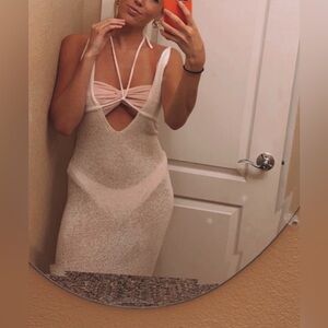 Chic White Knit Dress with Pink Accents